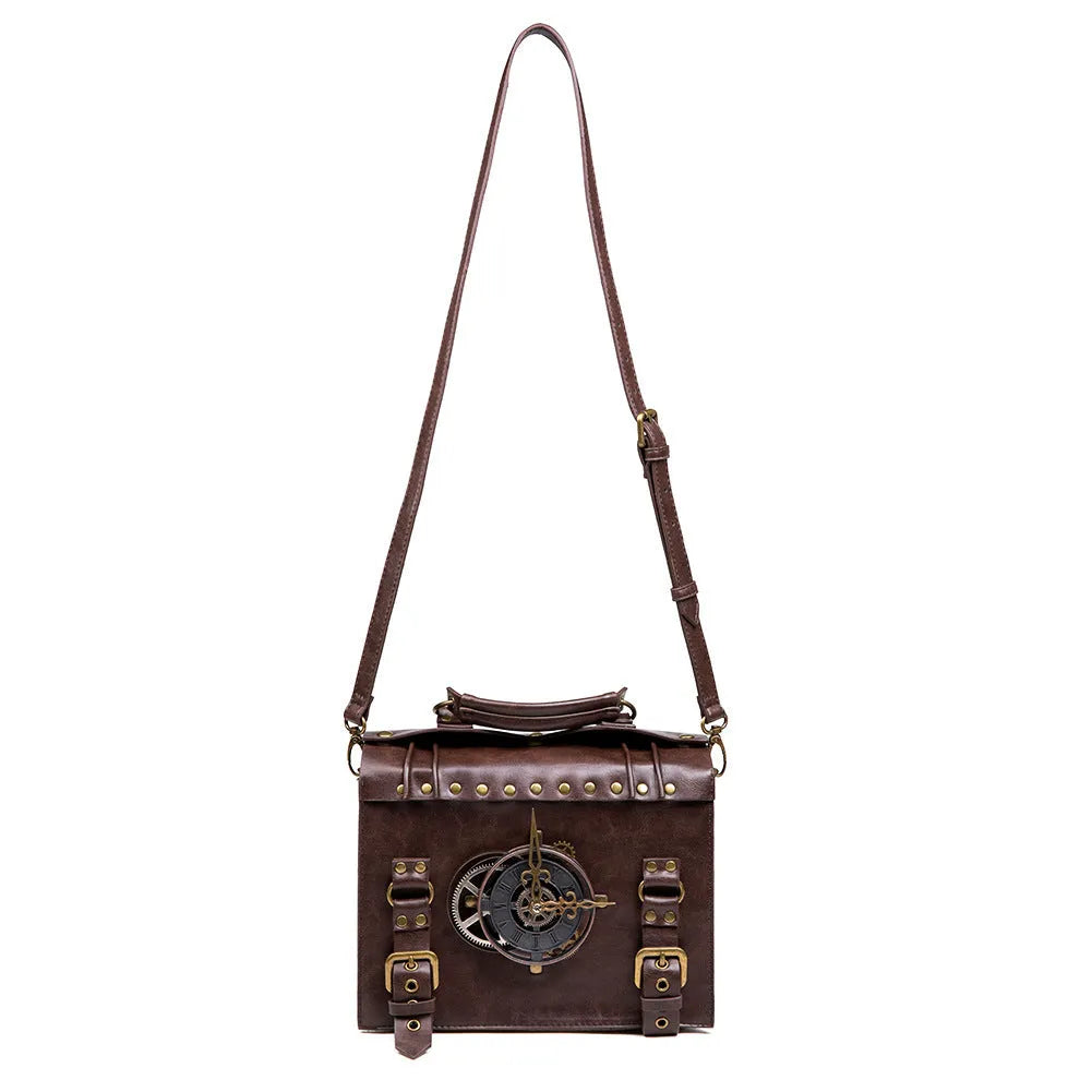 Bronze steampunk industrial retro style shoulder bag with metal hardware on a horizontal square pillow shape