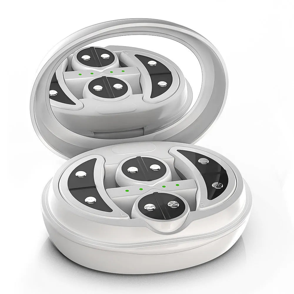 White wireless red light and EMS eye and facial massager beauty device on a plain background.