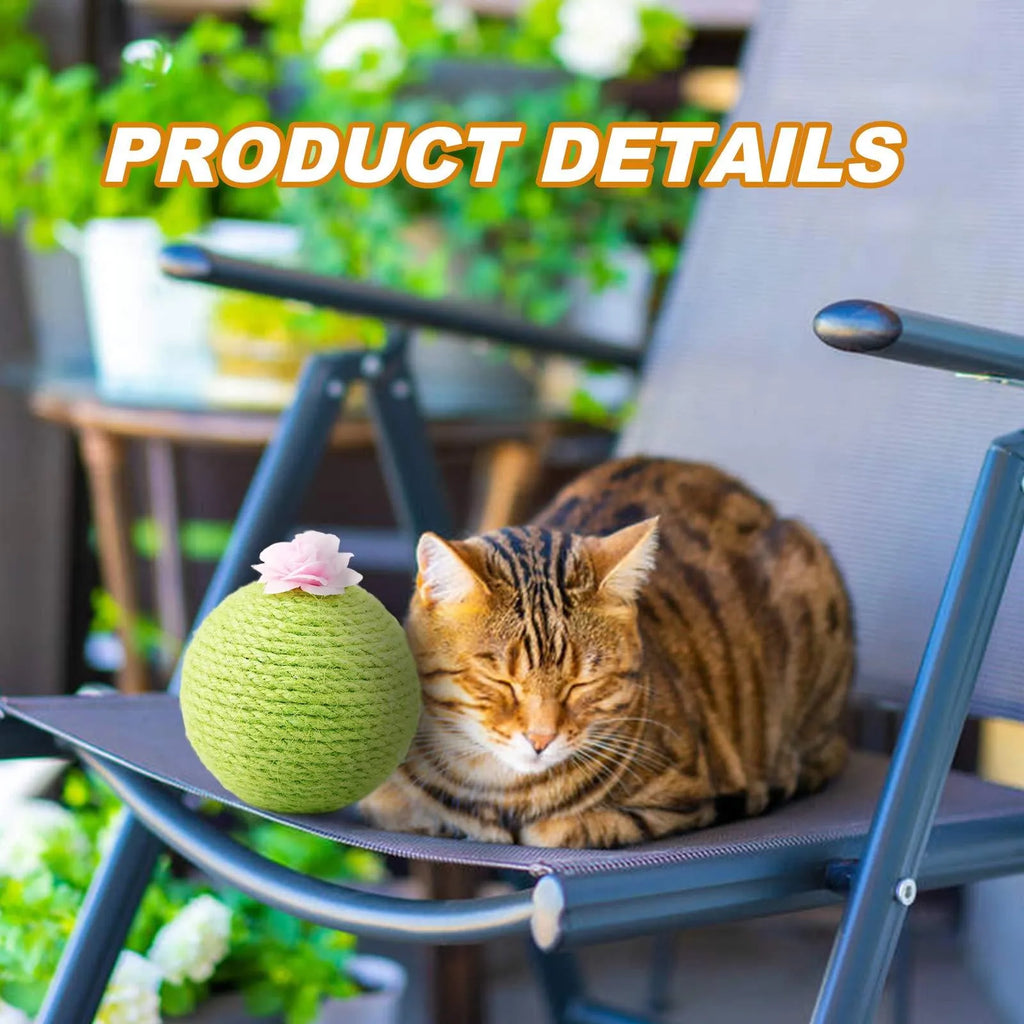 Green cactus-shaped cat scratcher with sisal post, catnip toys, and a tumbler ball on a stable base