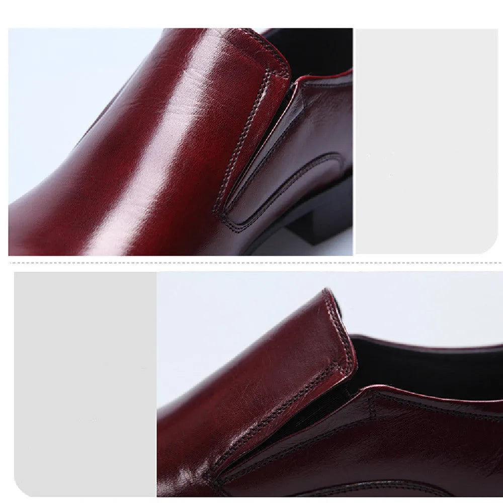 Men's pointed Oxford leather shoes with rubber sole, low upper, available in black, wine red, and brown, sizes 37-46