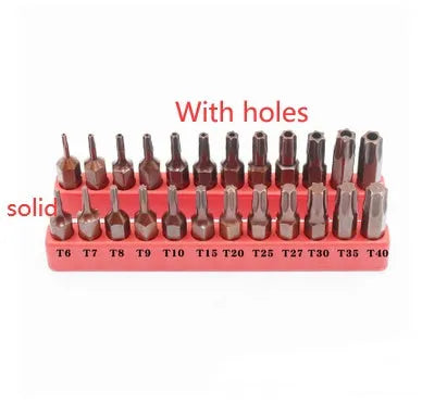 Black magnetic screwdriver bit set showing T6 through T40 sizes with hollow and solid hexagon options