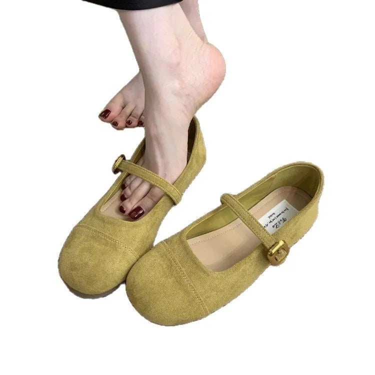 Low-cut canvas Mary Jane flat shoes with vintage suede finish in apricot