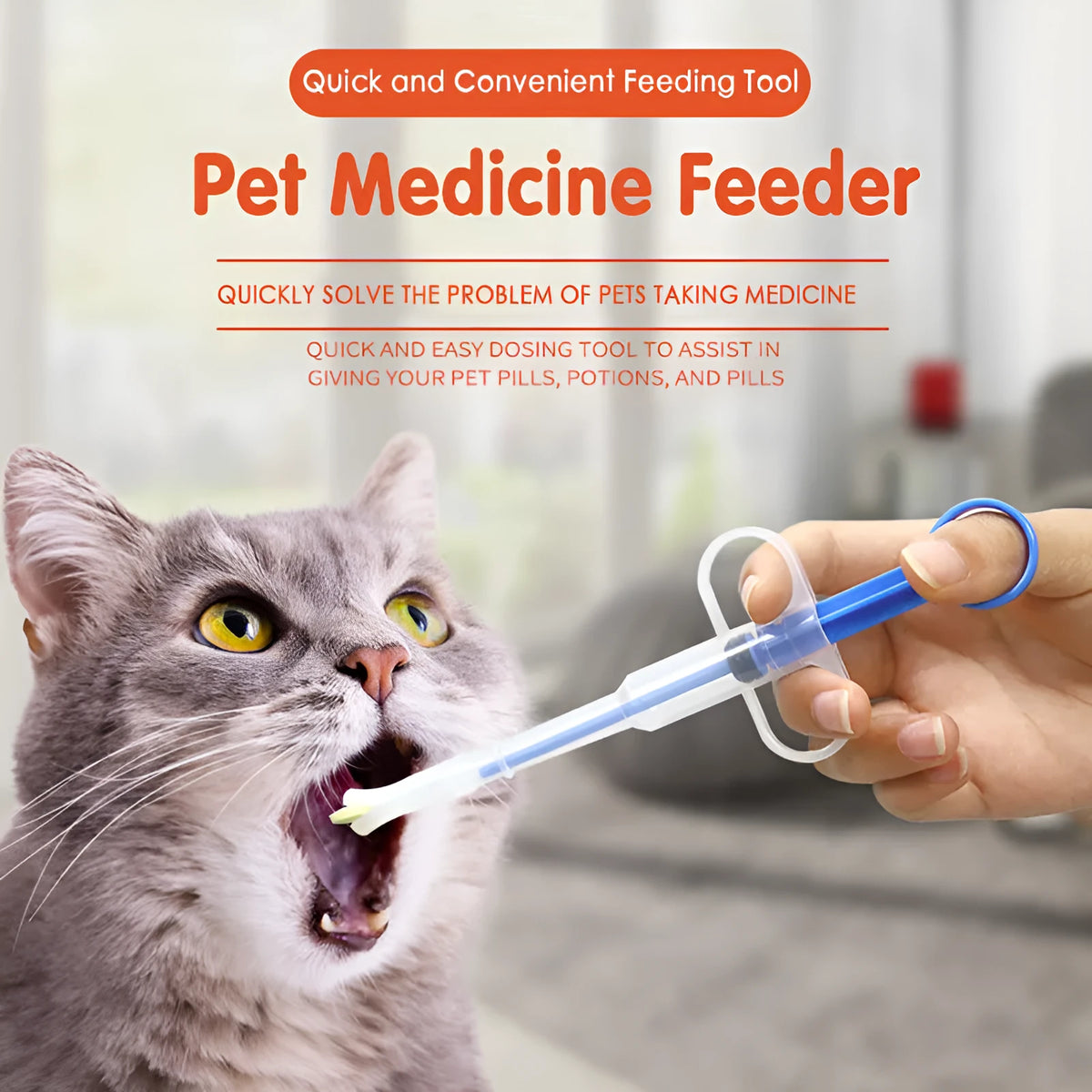 Pet medicine pills feeder with leakproof injection design in red and blue plastic and silica, 15cm length