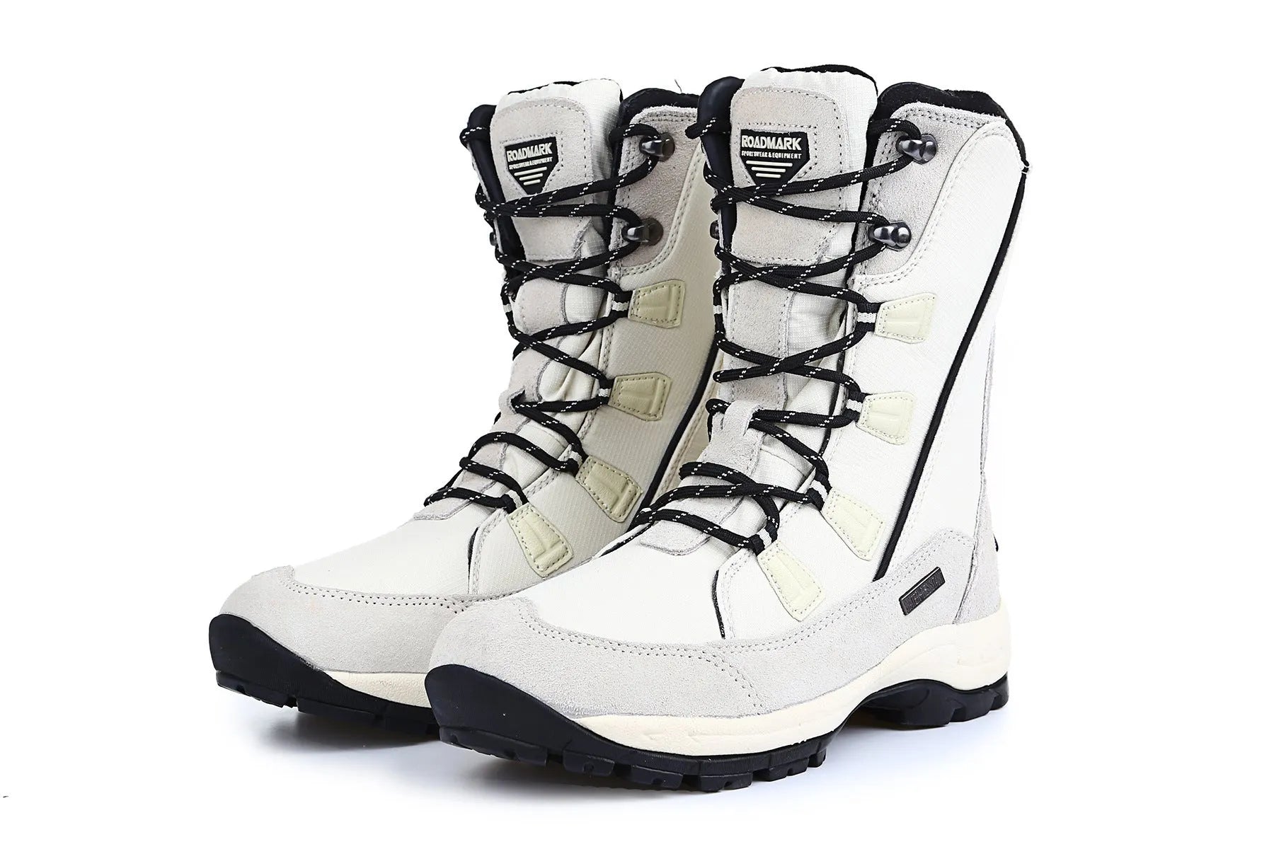 Women's black mid-calf length genuine leather snow boots with a round toe and rubber sole.