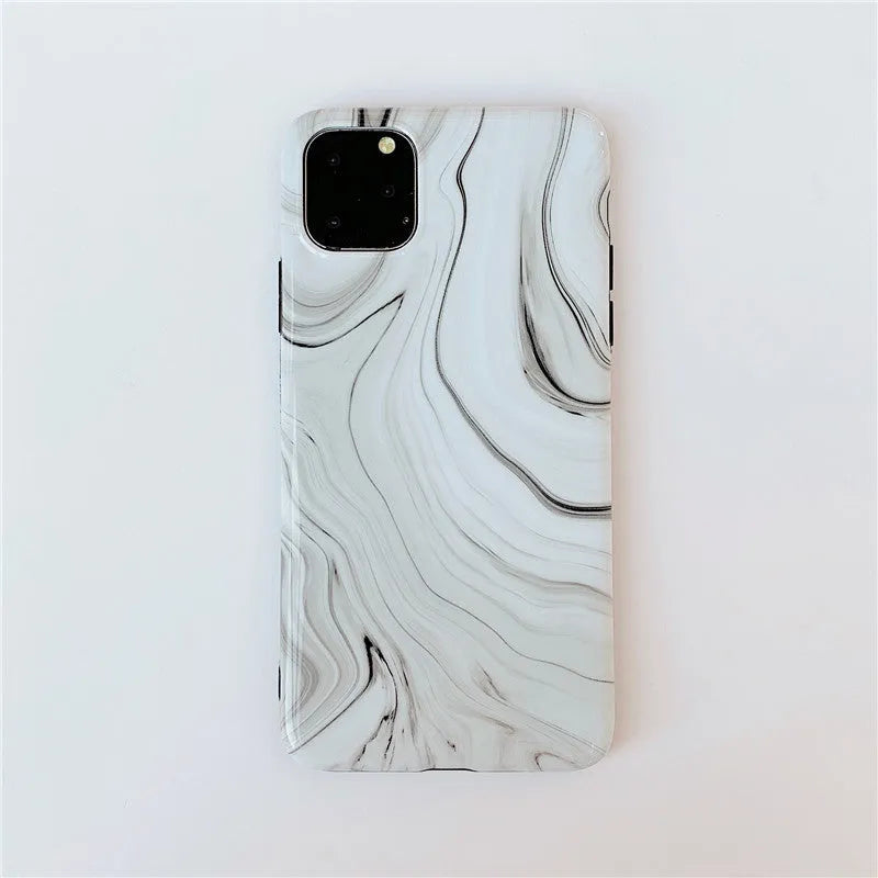Marble mobile phone case for iPhone in black and white soft shell design, showing fade-resistant pattern