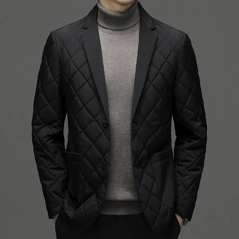 Men's black winter lapel jacket with cardigan style and side seam pockets