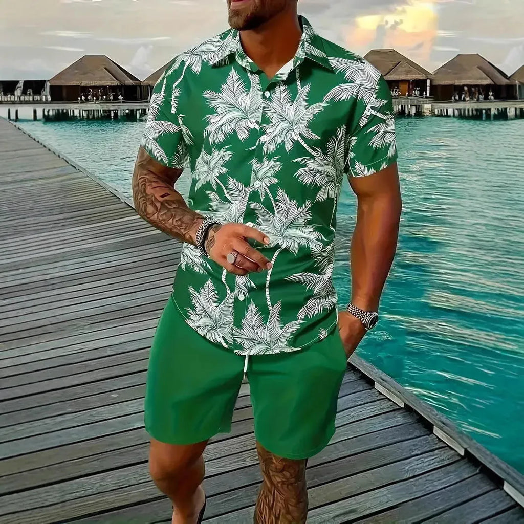 Man wearing a blue 3D printed Hawaii pattern short sleeve shirt and matching shorts leisure set