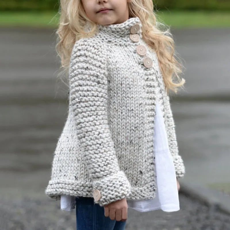 Beige girls cardigan sweater coat with single-breasted closure and long sleeves in knitted rabbit hair blend fabric