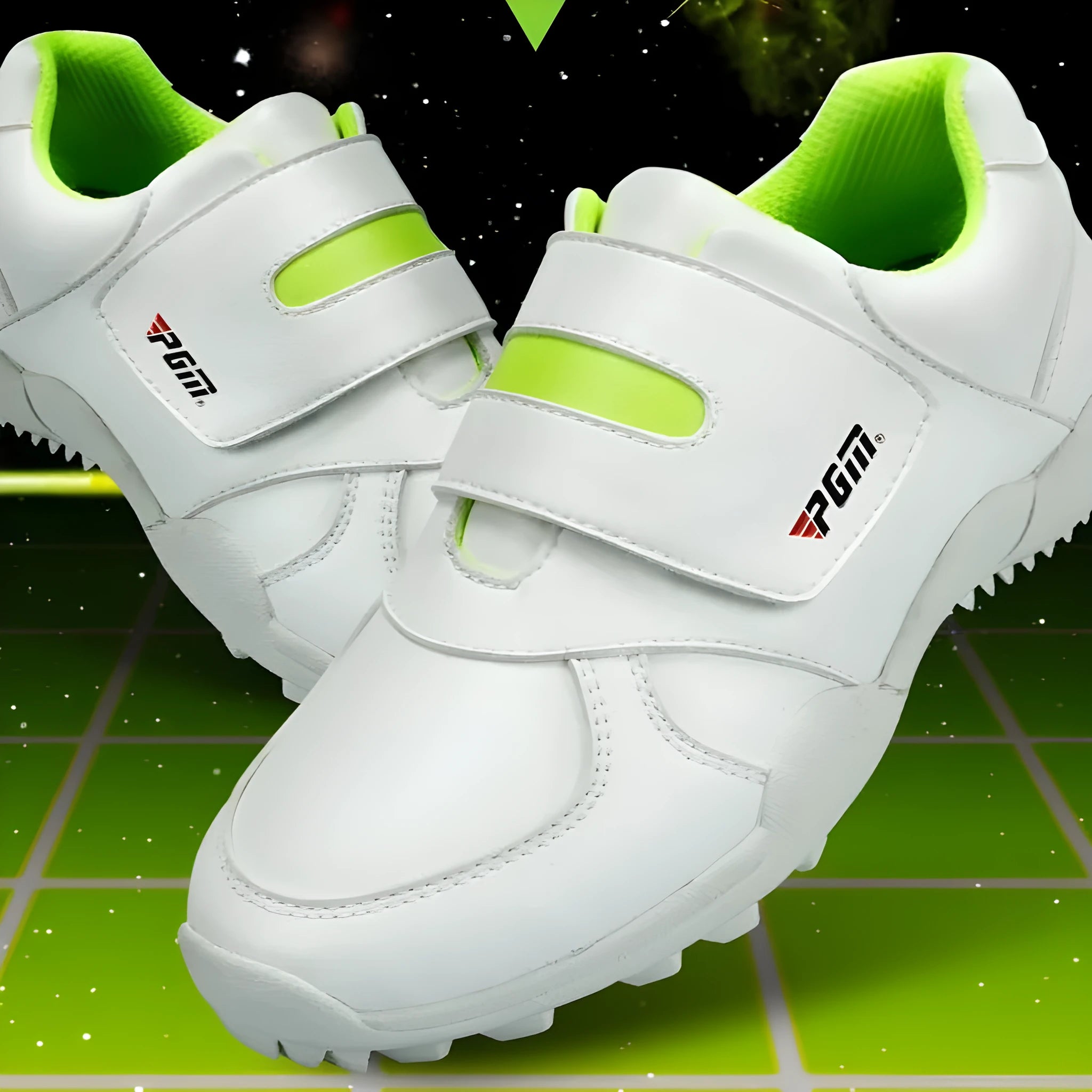 Children's breathable sports shoes in blue with Velcro closure and non-slip rubber outsole on green grass
