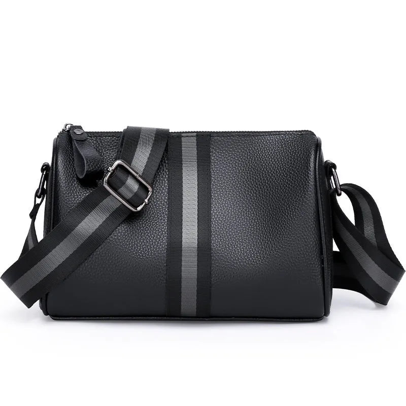 Black genuine leather women's crossbody bag with one shoulder strap showing large capacity dimensions