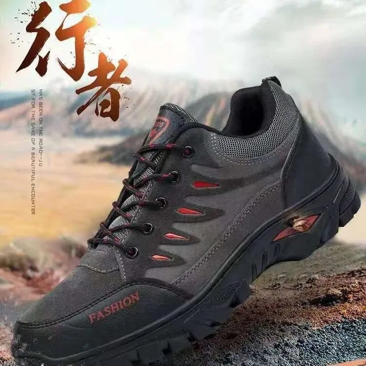 Men's brown suede hiking shoes with rubber soles and casual sneaker styling