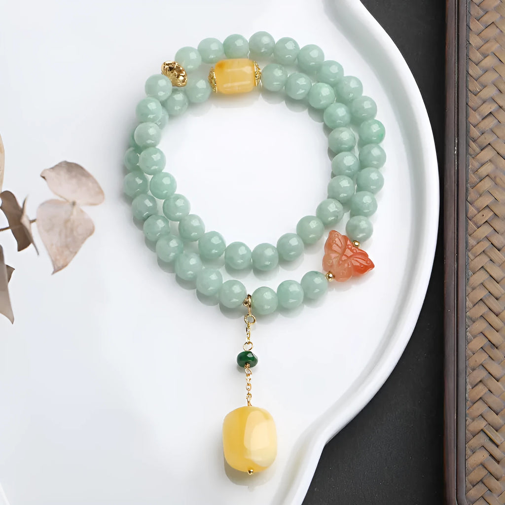 Double-layer jade and beeswax retro bracelet with geometric bead arrangement