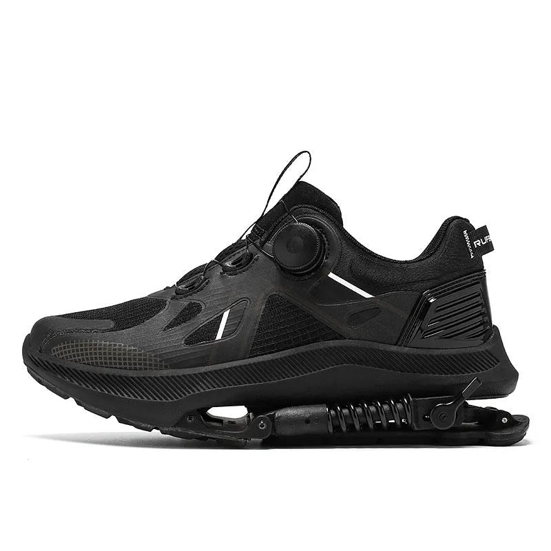 Black mid-top running shoes with buckle fastening and mesh upper design