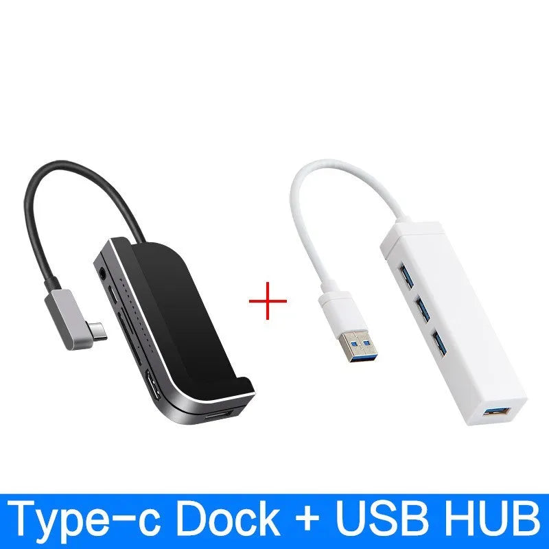 Silver aluminium grey Type-C 6-in-1 docking station for iPad Pro, showing multiple ports.
