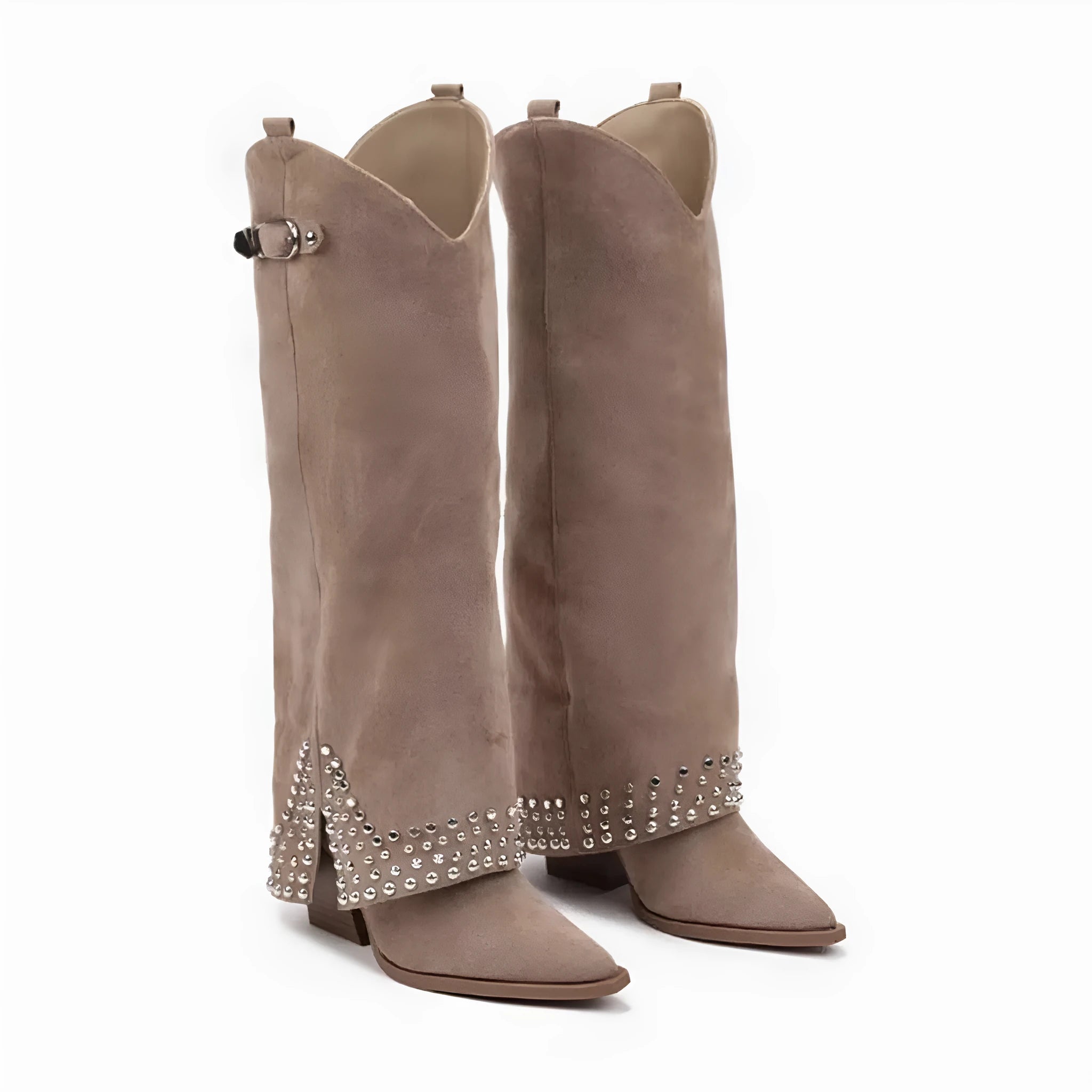 Women's black pantyhose boots with microfiber suede upper and rubber sole shown as oversleeves