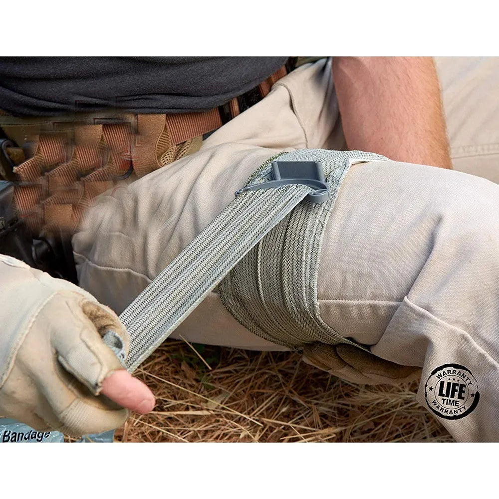 Portable outdoor hemostatic bandage with tactical gauze tape in 4 inch and 6 inch sizes