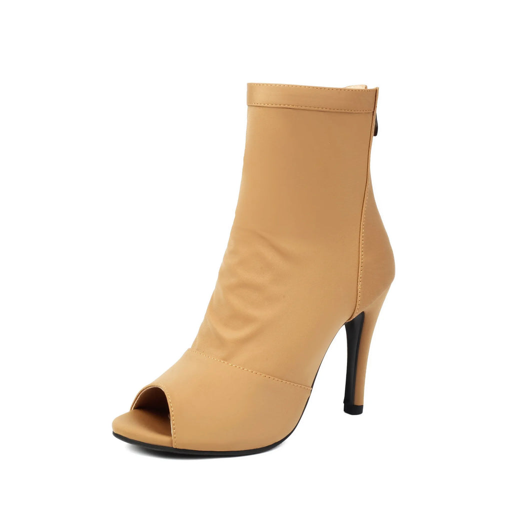 Women's stiletto boots with fishmouth toe in black, rubber sole, 11cm heel height