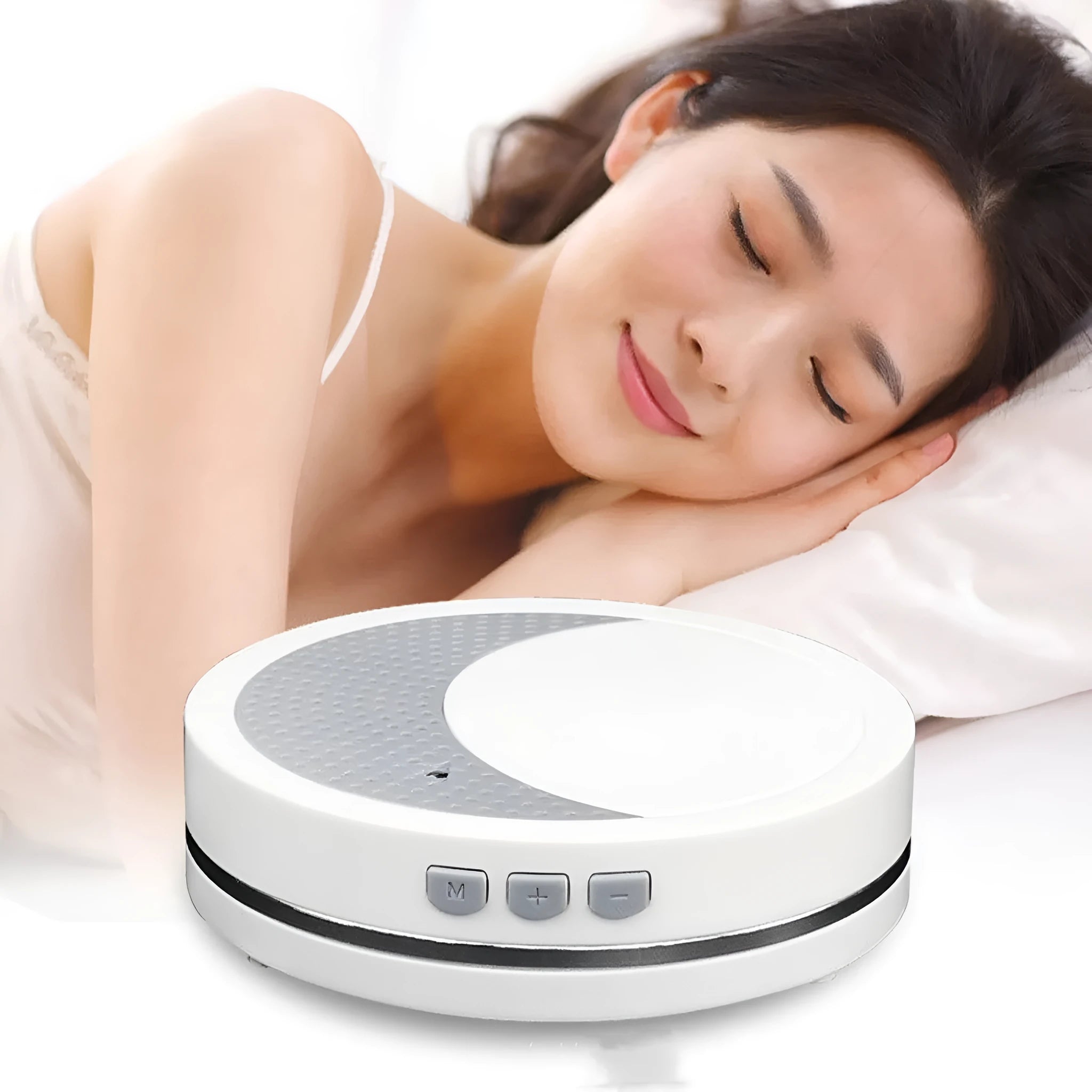 White ABS plastic sleep aid instrument with USB connector showing timer and music functions