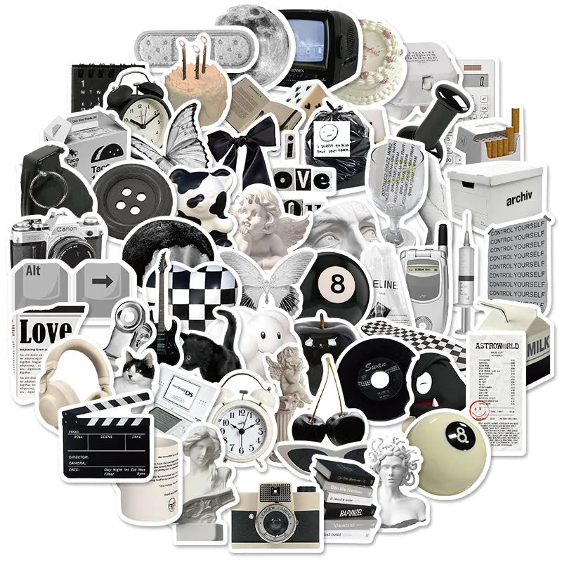 Set of 61 black and white coffee cup design PVC waterproof stickers for laptops and phones.