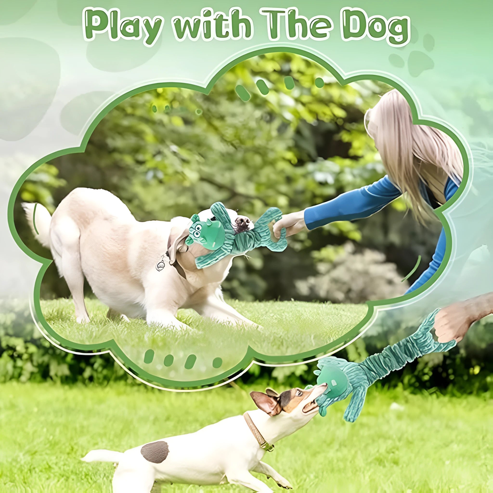 Large green plush hippo dog toy with a handle, shown as an interactive squeaky and crinkle chew toy