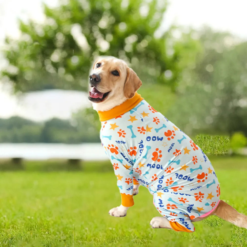 Cotton dog jumpsuit pet clothing in four-legged design showing size options 26-38cm