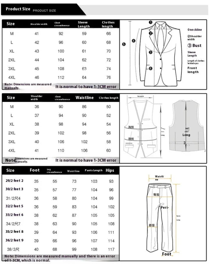 Men's slim fit three-piece suit in viscose blend, available in khaki, black, dark blue, grey, sizes M to XXXXL.