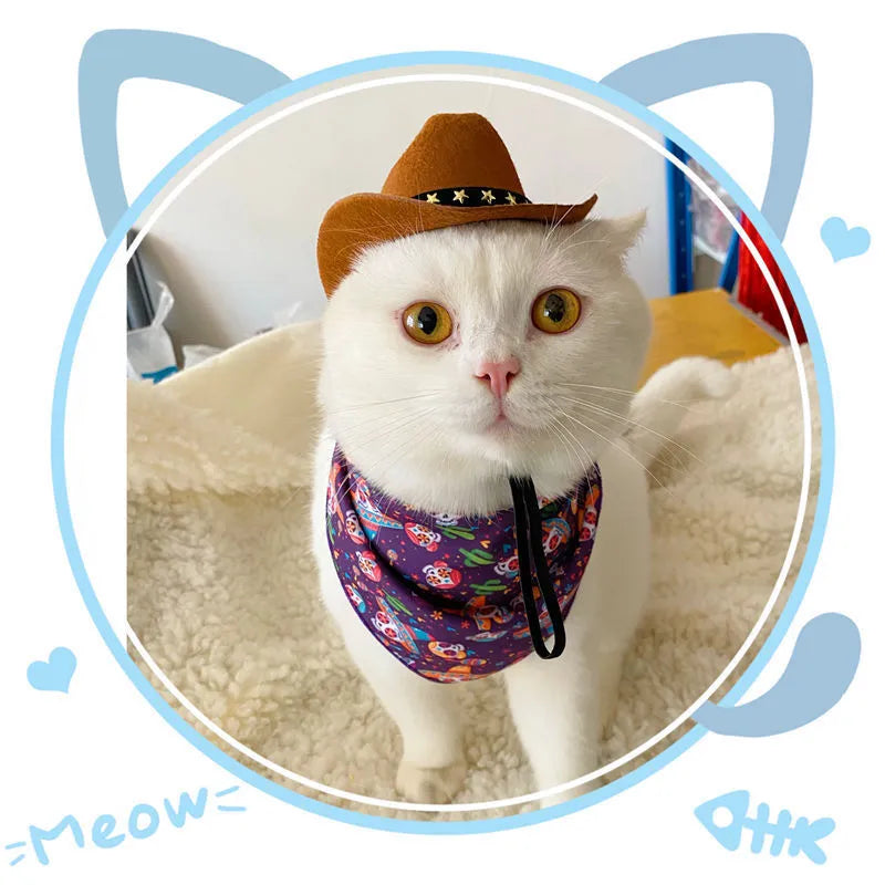 British-style brown cowboy hat for cat with velvet belt decoration as pet costume accessory