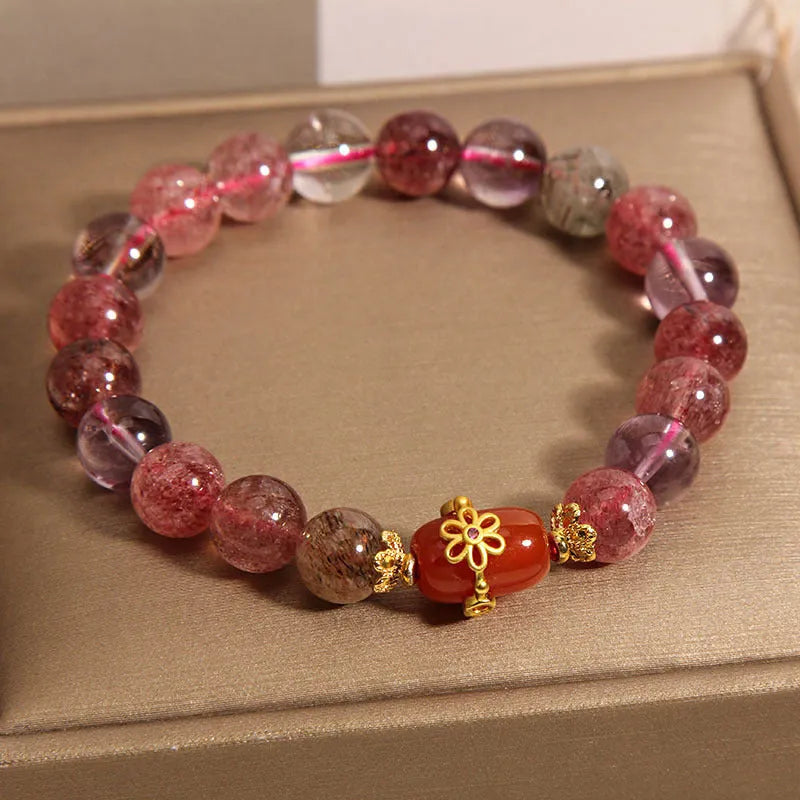 Natural Super Seven crystal bracelet with white crystal and red agate stones in cartoon-style design