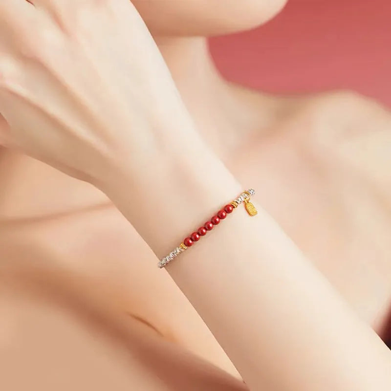 16cm silver white K couple bracelet with geometric design and round lucky beads on copper