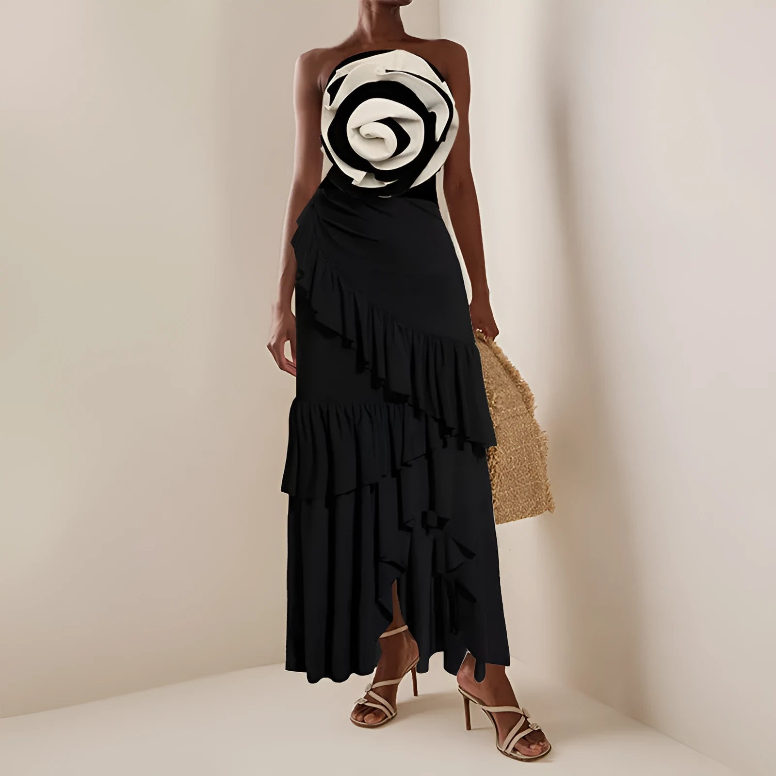 Women's black and white one-piece swimsuit with a matching black skirt, shown alongside a solid red swimsuit and skirt set.