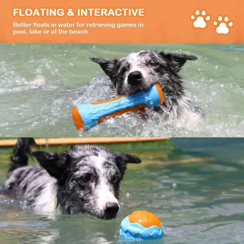 Three TPR floating dog toys: a red squeaky ball, a blue barbell, and an orange tyre, on a pool edge.