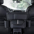 Black leather car seat storage bag with integrated hanging armrest tissue box between vehicle seats