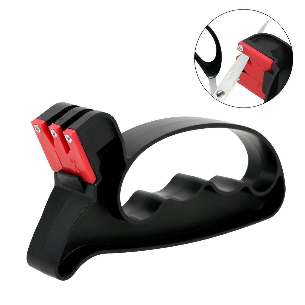 Black handheld knife and scissor sharpener with ergonomic grip on white background