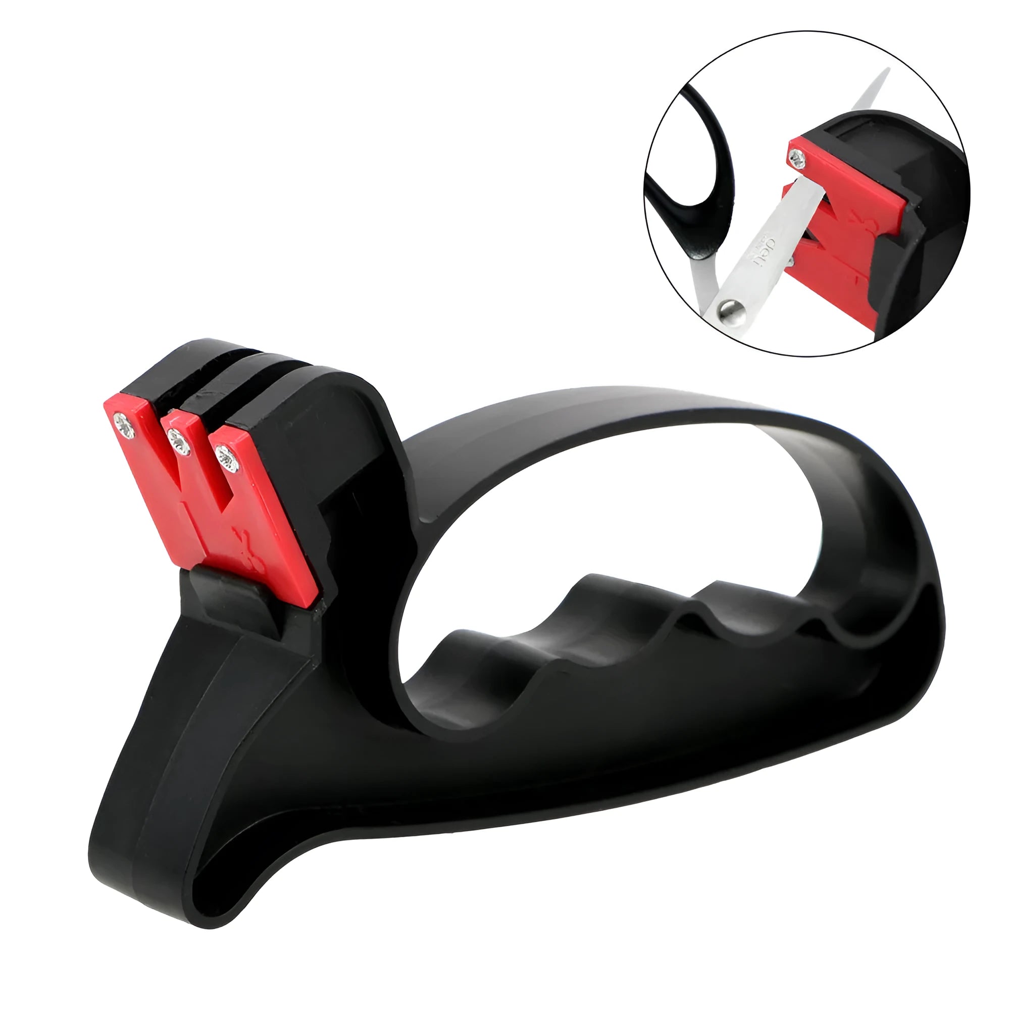Black handheld knife and scissor sharpener with ergonomic grip on white background