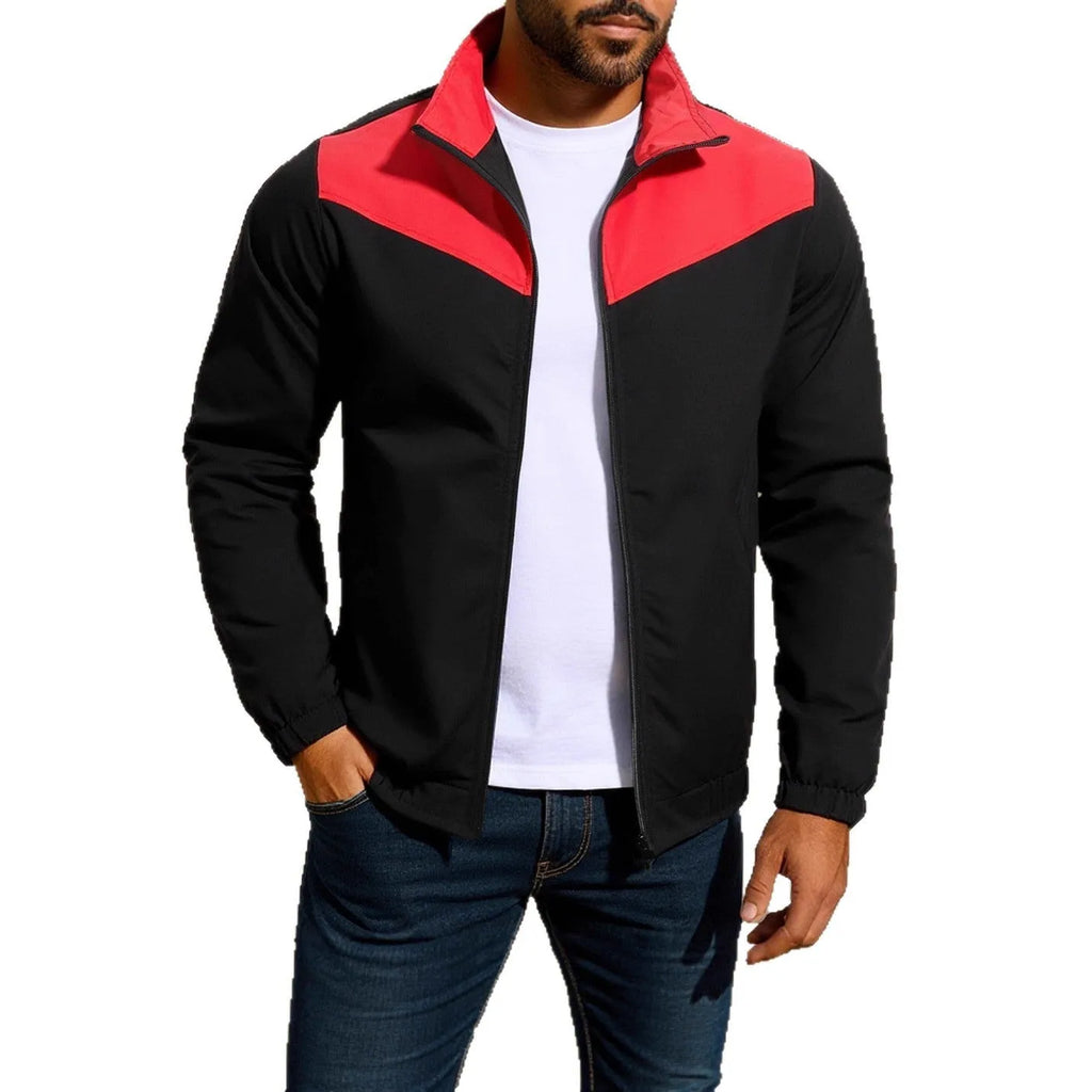Man wearing a khaki windproof jacket with a high collar and colour-matched front zipper.