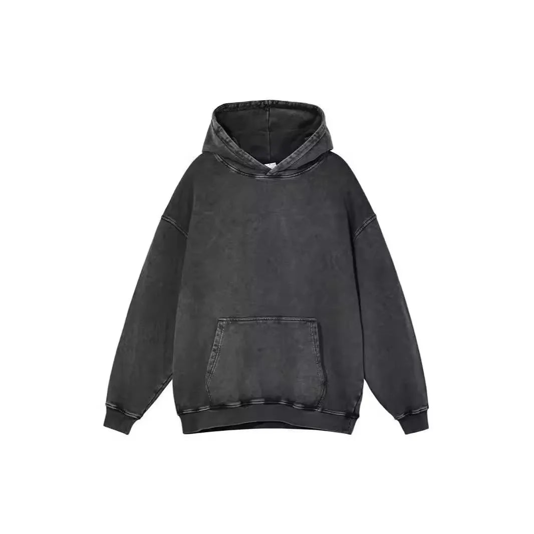 Men's retro washed cotton hoodie in loose fit with collarless design and batik finish