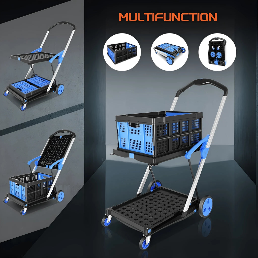 Foldable plastic shopping cart with two-layer basket design shown in blue colour option