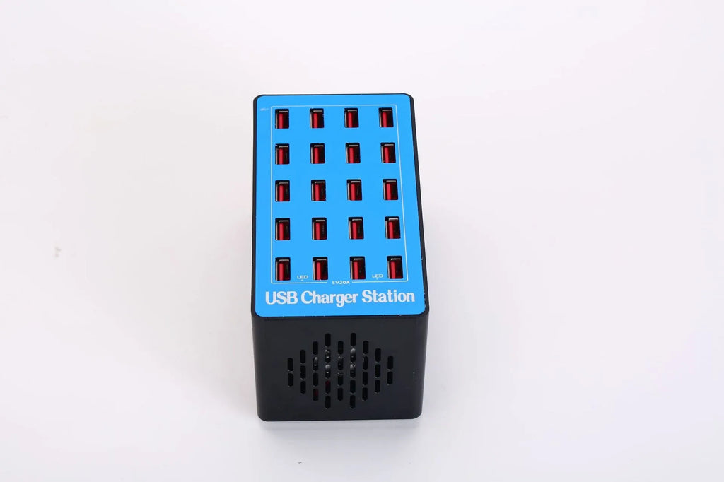 Blue 20-port USB charging station with PC ABS fire retardant housing and 100W total output