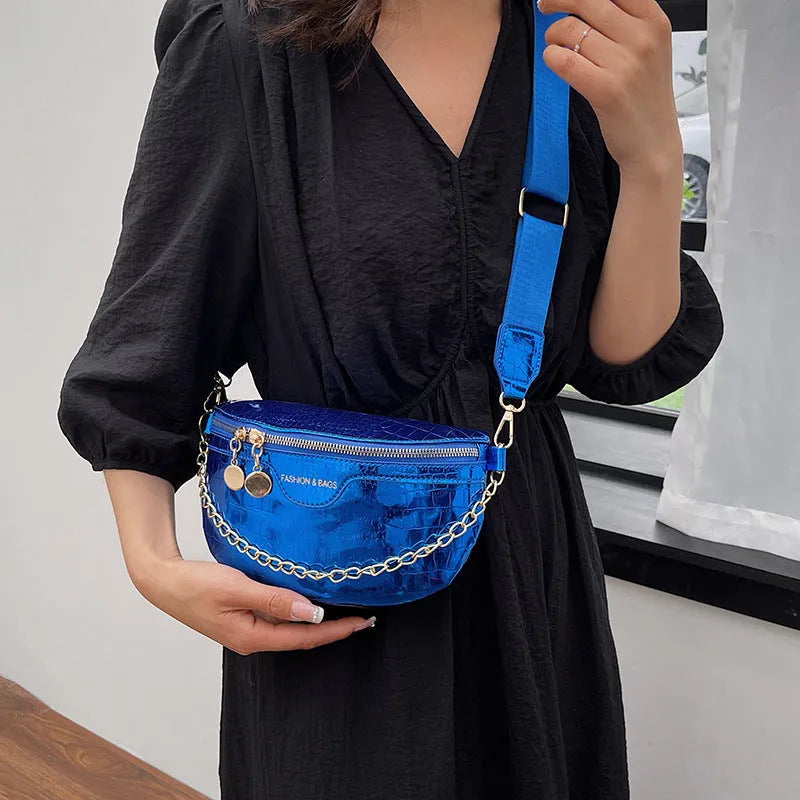 PU chain messenger bag with shoulder strap, sandwich outer pocket, silver colour on white background