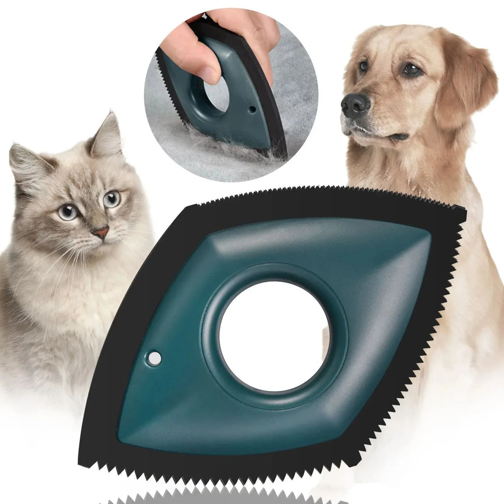 Silicone pet hair removal brush with bristles on one side and a flat scraper edge on the other, shown in red colour.