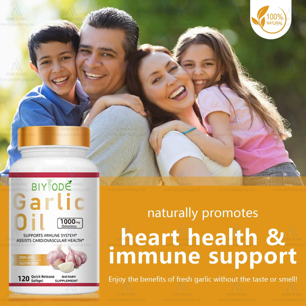 Bottle of Biyode odourless garlic softgel supplement with 60 softgels for heart health and immune support