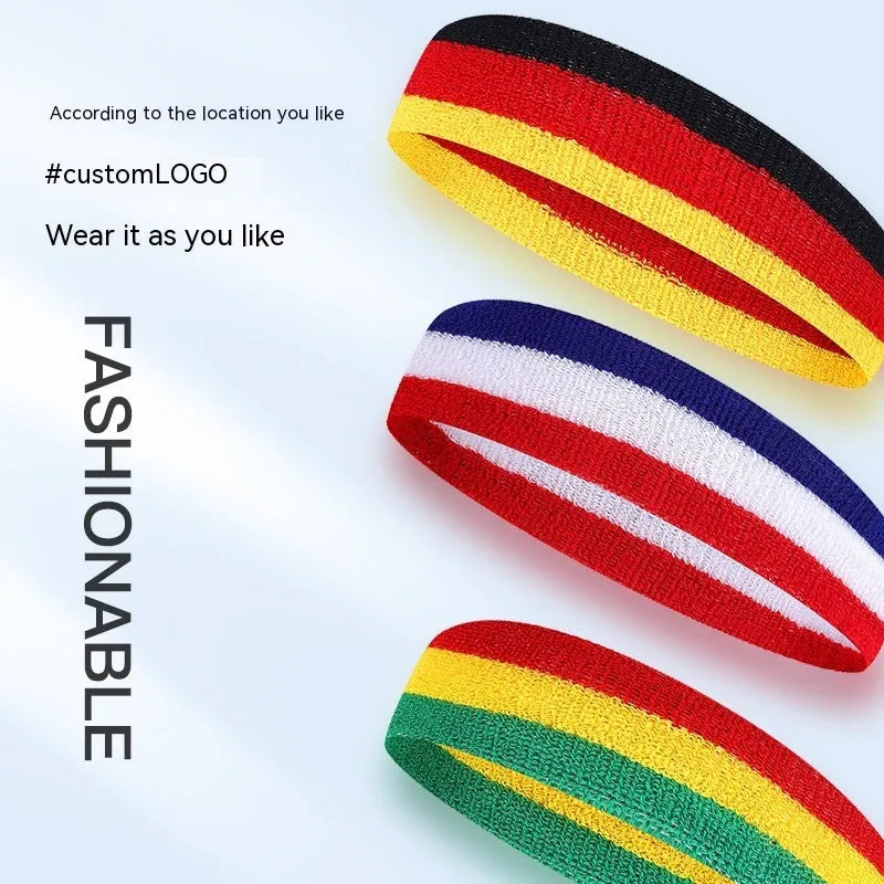 A sports headband for adults in a three-colour design, shown alongside other colour options including blue, white, and red.