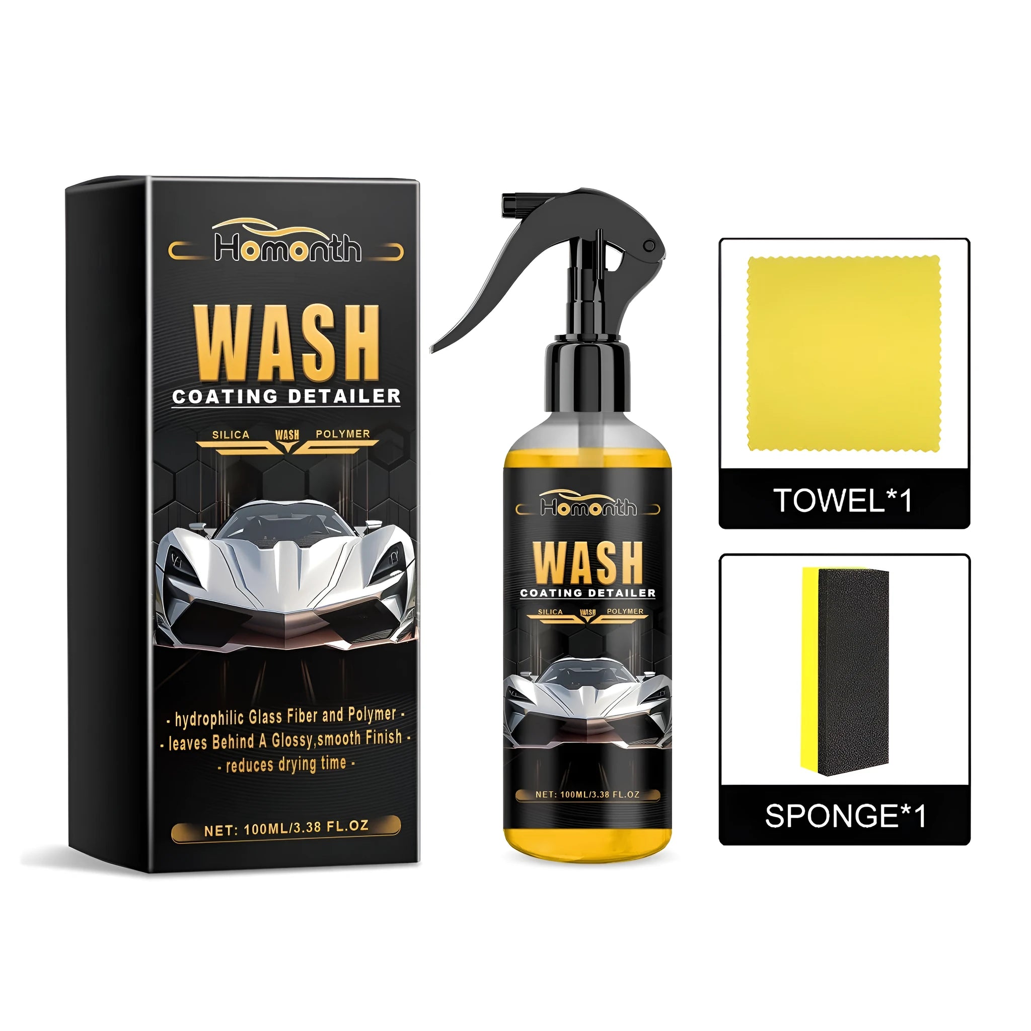 Wash coating detailer car cleaning kit with PET bottle, microfibre cloth, and applicator sponge