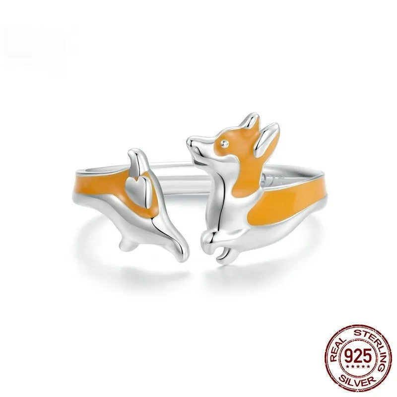 Silver cartoon corgi ring for women with electroplated finish, model SCR1014-E.