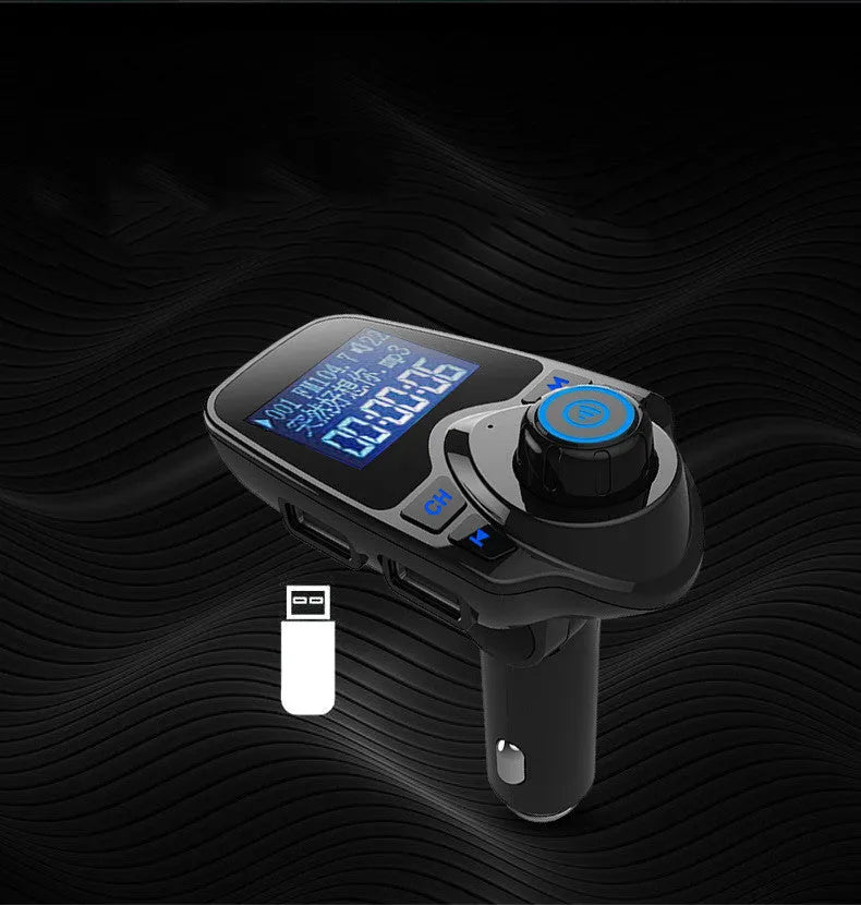 Black car Bluetooth hands-free device with FM transmitter, USB port, and TF card slot