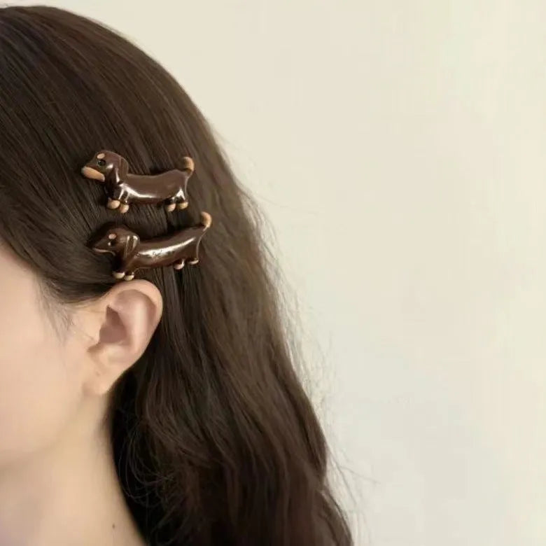 Dachshund dog hair barrette with delicate wire construction and electroplated finish