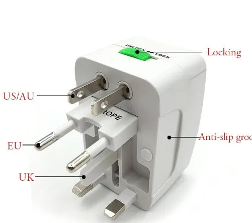 Compact white universal travel plug converter adapter for international sockets.