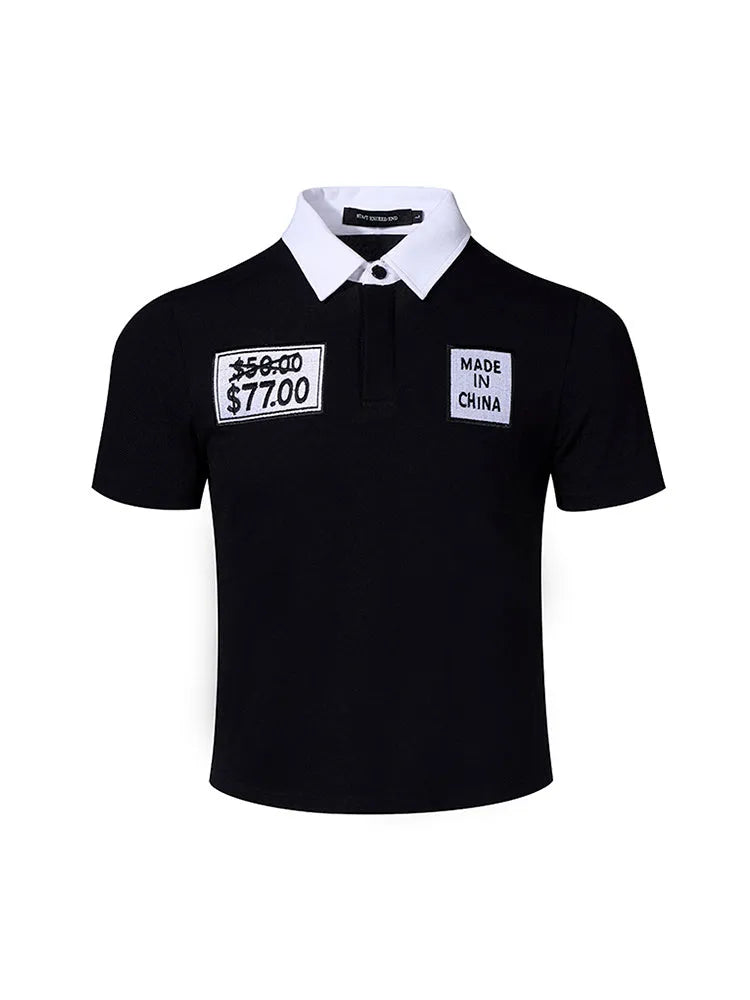 Black men's slim fit summer polo shirt with embroidery detail and short sleeves
