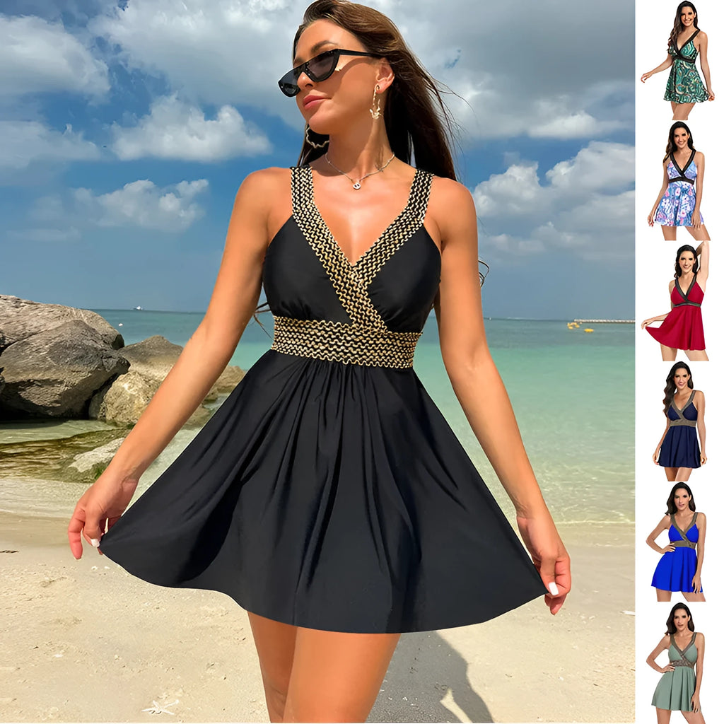 Women's V-neck printed swimsuit cover-up dress in a summer colour on a beach background.