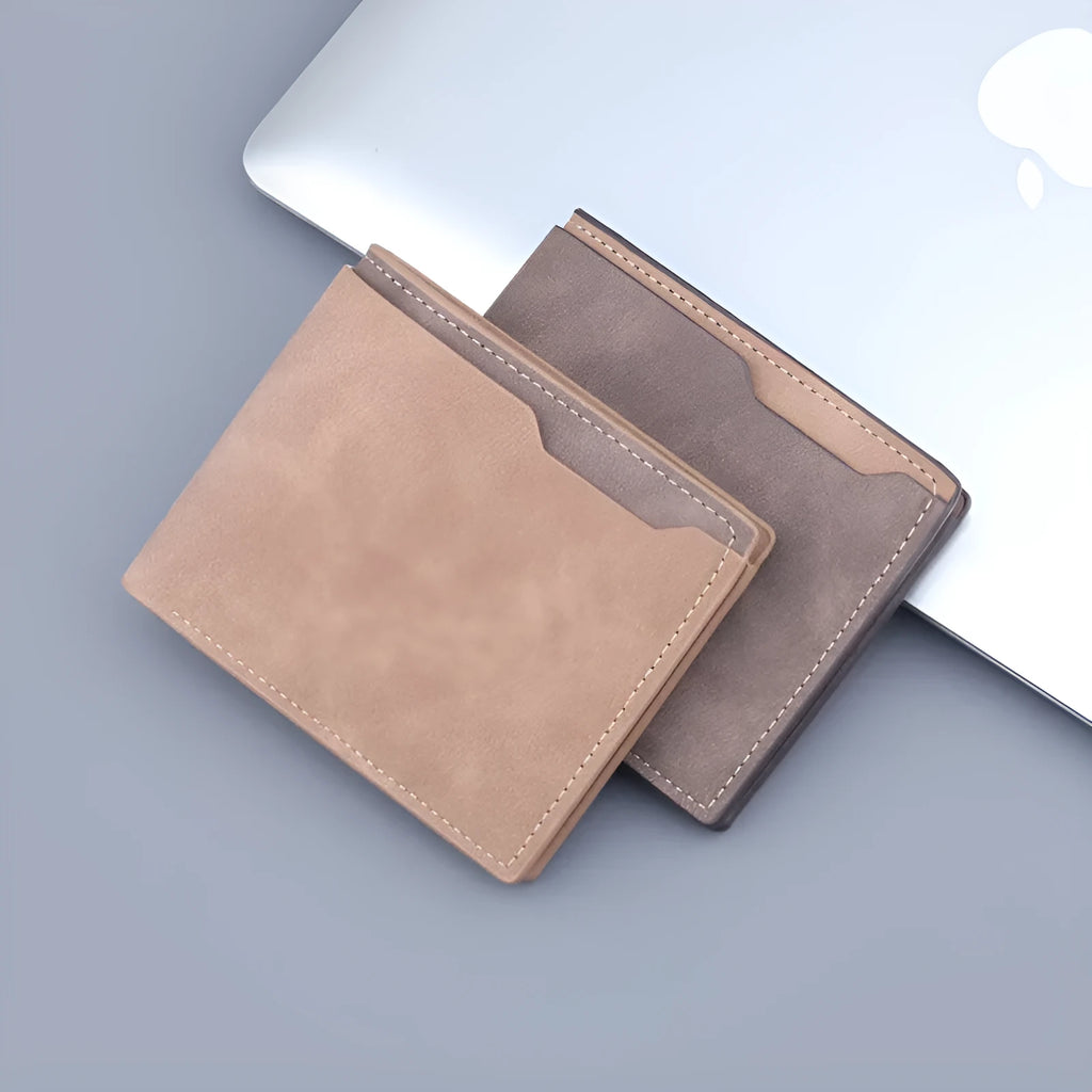 Men's ultra-light pu short wallet two fold half fold frosted finish contrast colour dark brown light brown